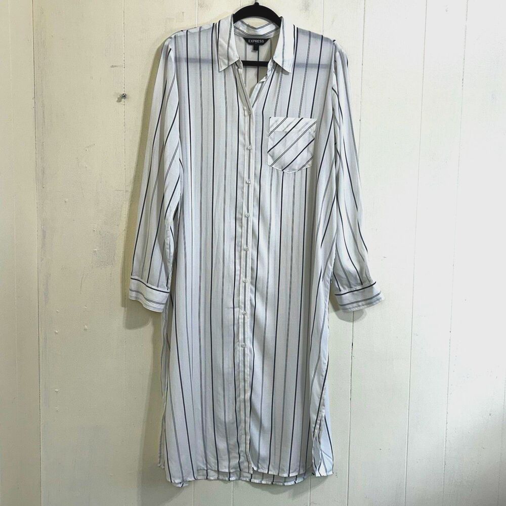 Express Duster Shirt Dress Size Large White Black Stripe Long Sleeve Lightweight